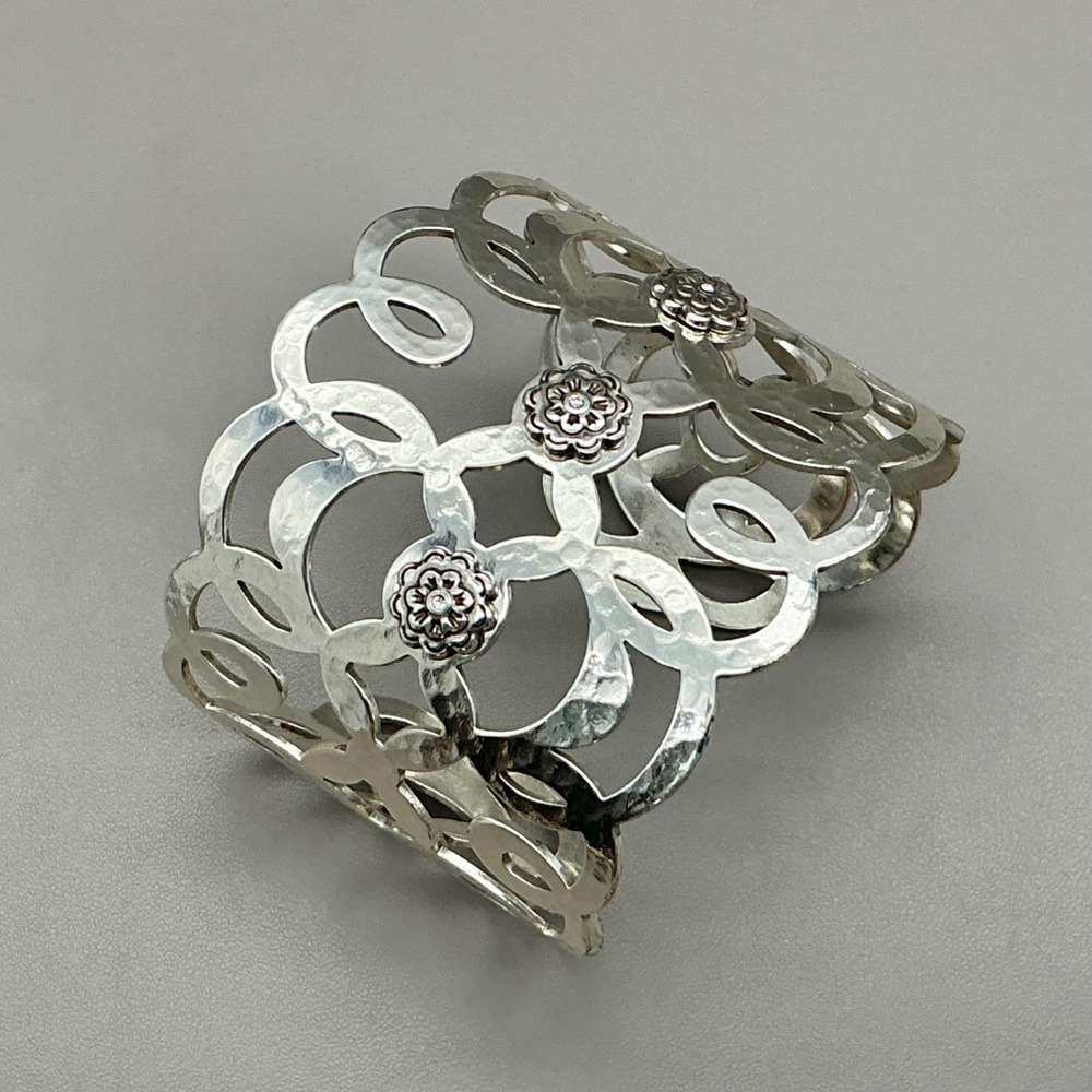 Brighton Bracelet Contempo Silver Tone Hammered Openwork Floral Wide Cuff 7"